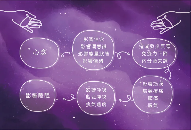 以人為中心、強調身心與生活面向共同構成整體健康的全人治療觀點示意圖