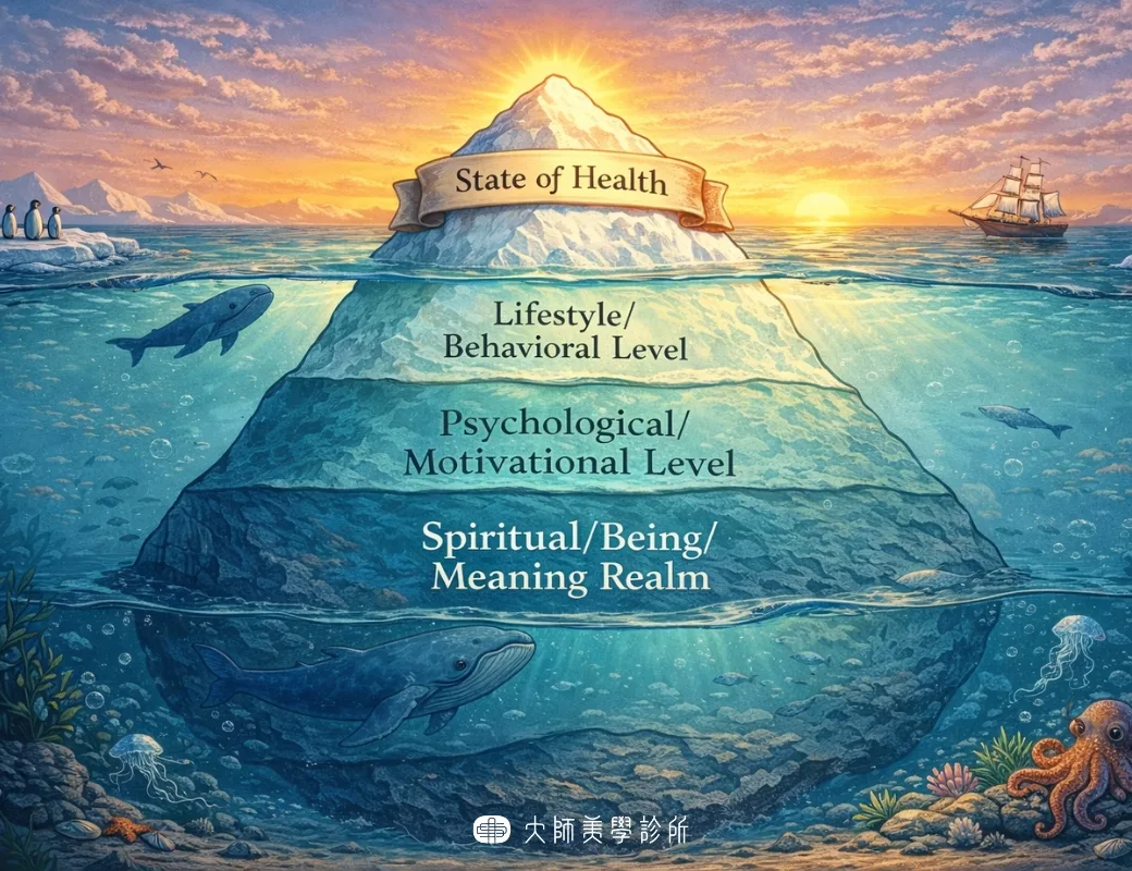 以冰山比喻打鼾問題的示意圖,水面上方為可見的打鼾與疲倦症狀,水面下方為較不易察覺的生活型態、姿勢與自律神經等因素