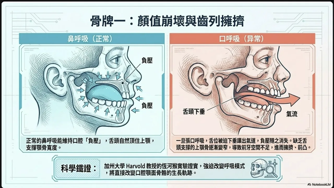 左右對比插圖,主題為長期口呼吸對顎面與齒列發育的影響。左側「鼻呼吸(正常)」為側面顱顏解剖示意,多個箭頭指向口腔內壁代表口腔負壓、舌頭自然頂住上顎,說明正常鼻呼吸能維持口腔負壓、舌頭頂住上顎、支撐顎骨寬度;右側「口呼吸(異常)」為張口側面示意,舌頭下垂、一道氣流箭頭由口腔向外,說明張口呼吸時舌位被迫下垂讓出氣道、負壓消失,缺乏舌頭支撐使上顎骨逐漸變窄,導致前牙空間不足而擁擠、前凸。圖下註記加州大學 Harvold 教授的恆河猴實驗,指出強迫改變呼吸模式會改變口腔顎面骨骼的生長軌跡
