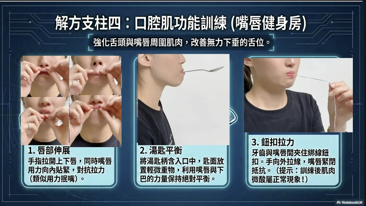口腔肌功能訓練(嘴唇與舌頭肌力訓練)的三個動作示範照片。動作一「唇部伸展」:以手指輕輕拉開上下唇,同時嘴唇用力向內貼緊、對抗拉力,類似用力抿嘴;動作二「湯匙平衡」:將湯匙柄含入口中、匙面放置輕微重物,靠嘴唇與下巴的力量保持平衡;動作三「鈕扣拉力」:在牙齒與嘴唇之間夾住綁了線的鈕扣,手向外拉線、嘴唇緊閉抵抗,並提示訓練後肌肉微痠屬正常現象。整體目的為強化舌頭與嘴唇周圍肌肉、改善無力下垂的舌位
