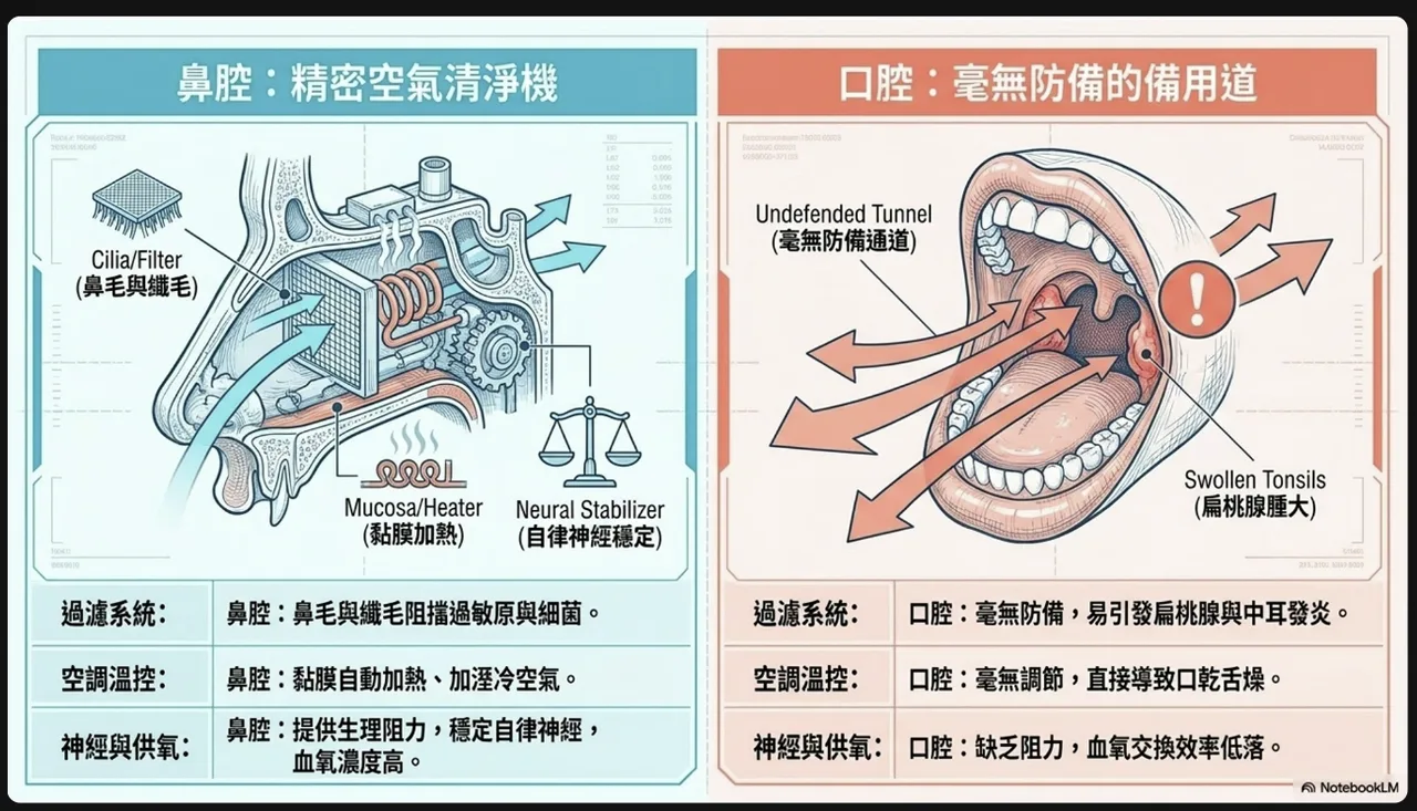 左右對比圖:左側「鼻腔=精密空氣清淨機」標示鼻毛與纖毛過濾、黏膜加溫加濕、提供生理阻力穩定自律神經;右側「口腔=毫無防備的備用道」空氣未經處理直接進入、扁桃腺易腫大,並以過濾系統、空調溫控、神經與供氧三個維度對比兩者差異